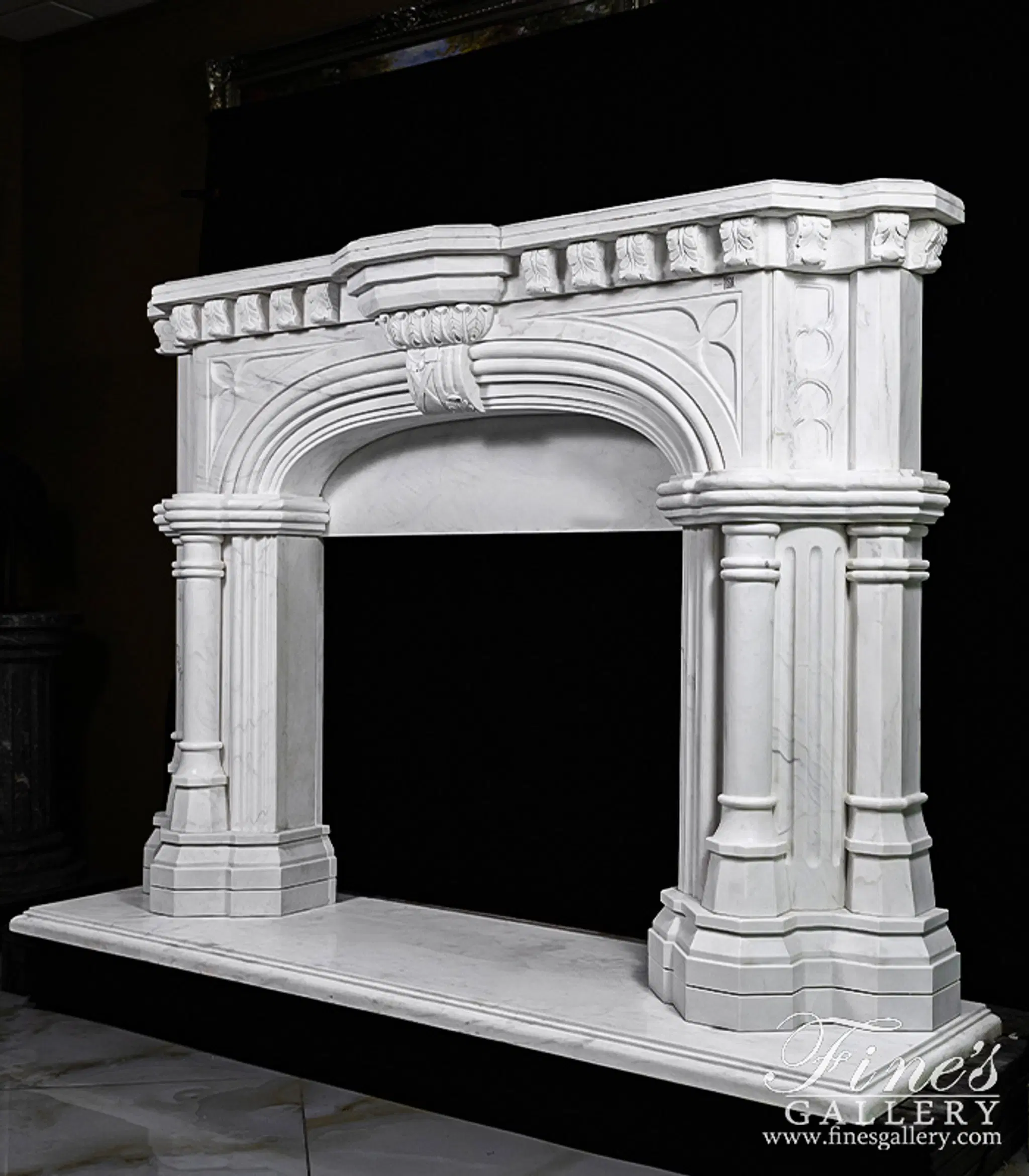 White Tudor Style Marble Fireplace Mantel — Model MFP-817 — detail view 4