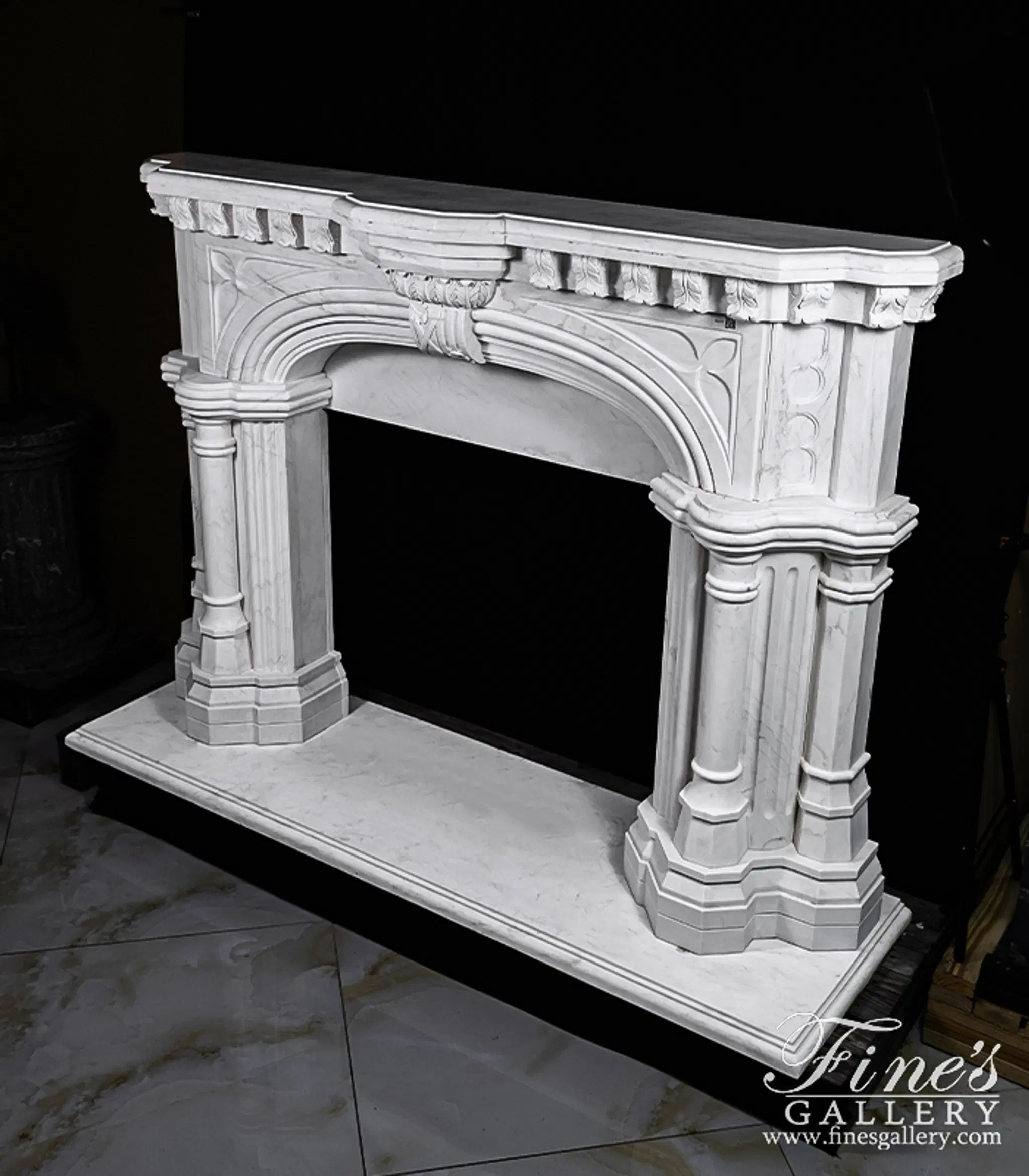 White Tudor Style Marble Fireplace Mantel — Model MFP-817 — detail view 5
