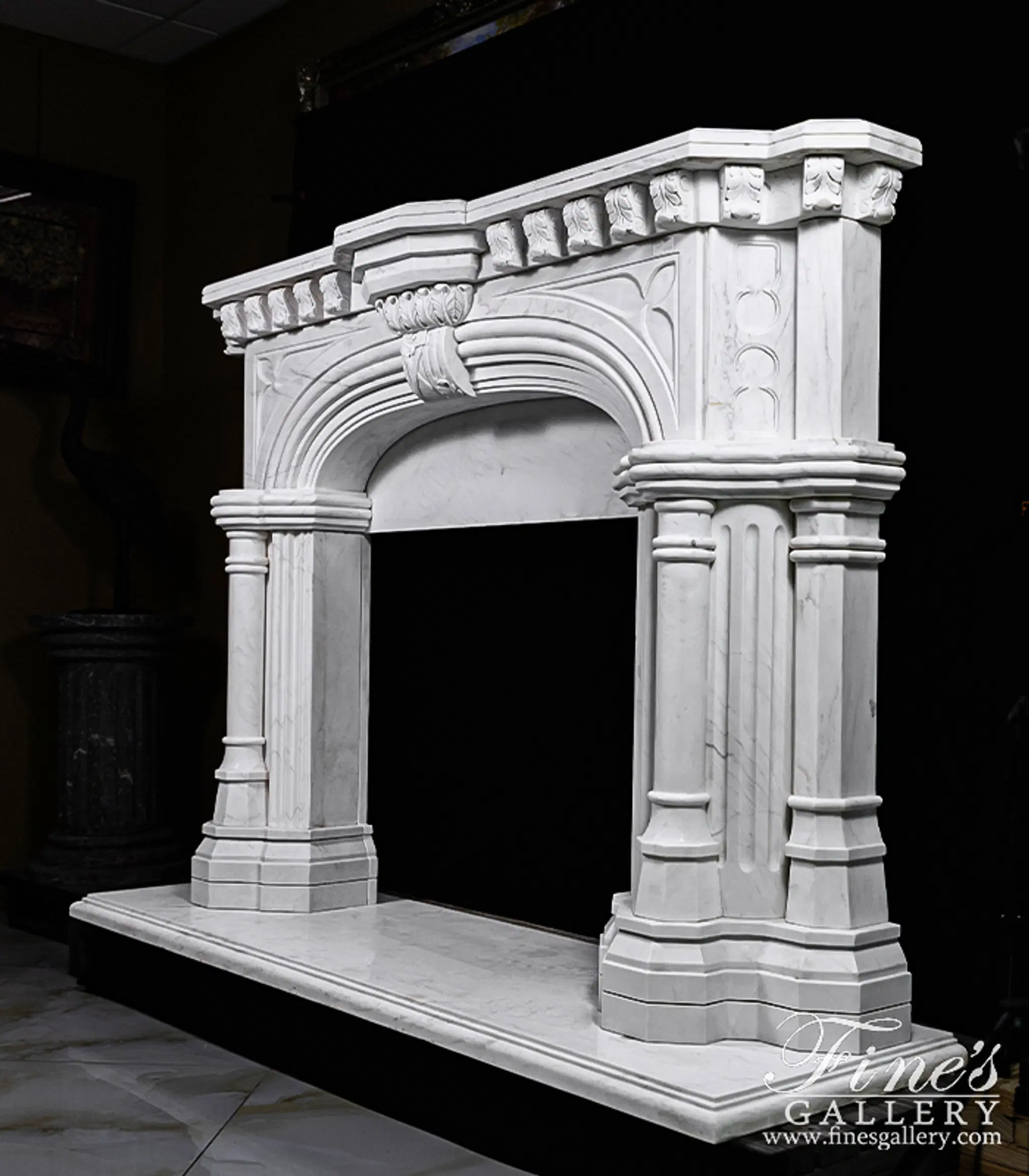 White Tudor Style Marble Fireplace Mantel — Model MFP-817 — detail view 6
