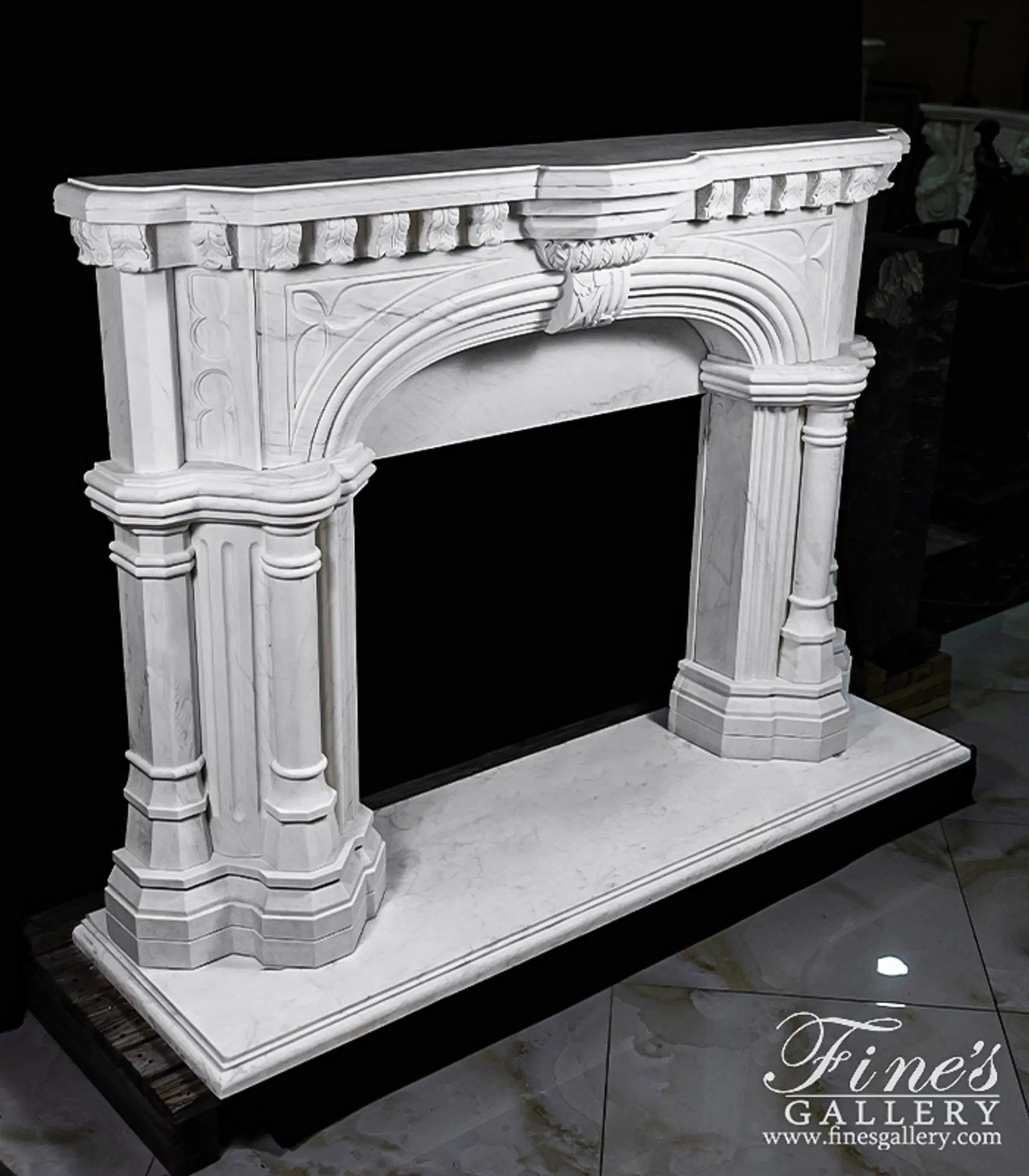 White Tudor Style Marble Fireplace Mantel — Model MFP-817 — detail view 7