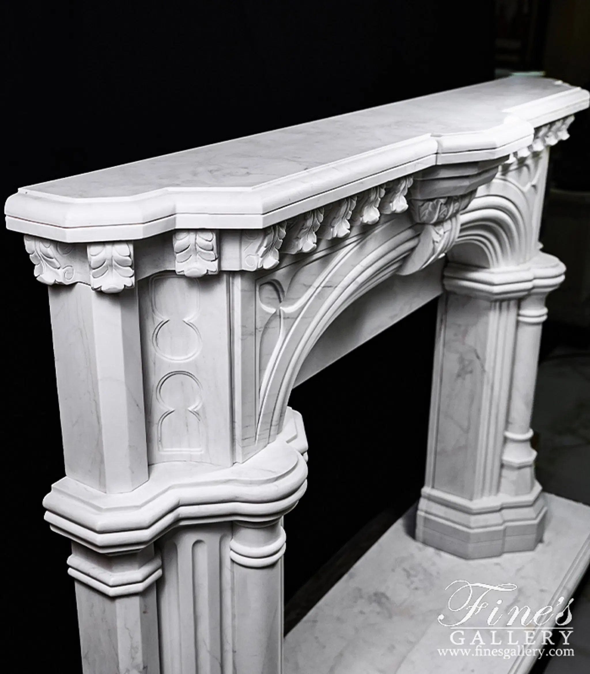 White Tudor Style Marble Fireplace Mantel — Model MFP-817 — detail view 8