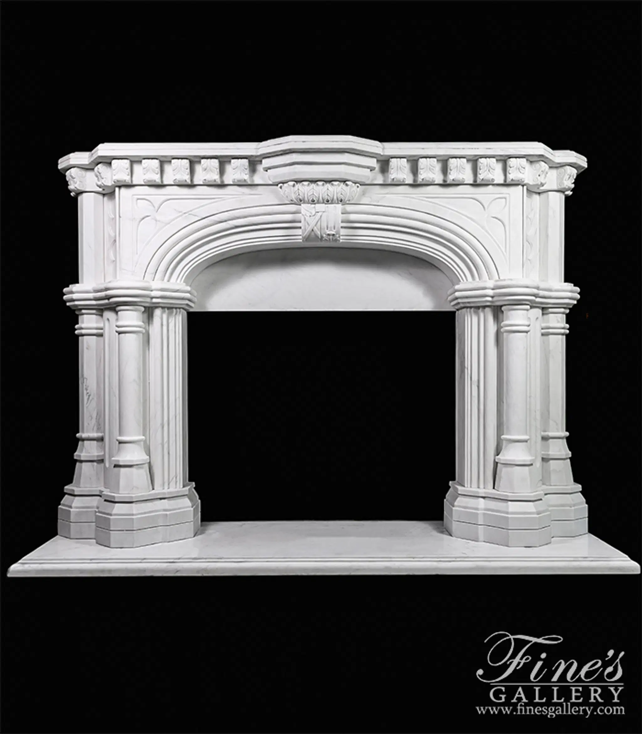 White Tudor Style Marble Fireplace Mantel — Model MFP-817 — Hand-Crafted by Fine's Gallery
