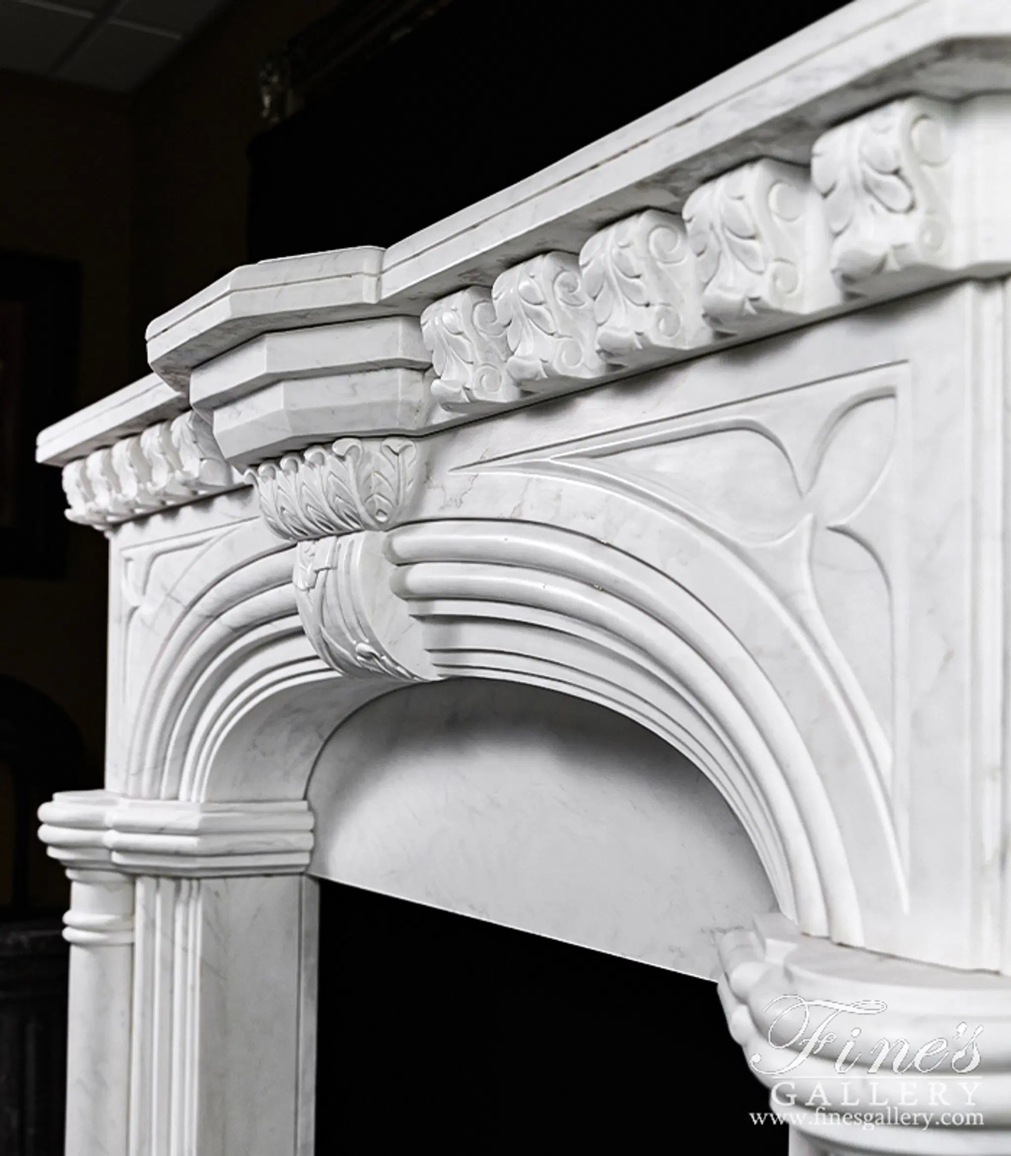 White Tudor Style Marble Fireplace Mantel — Model MFP-817 — detail view 9