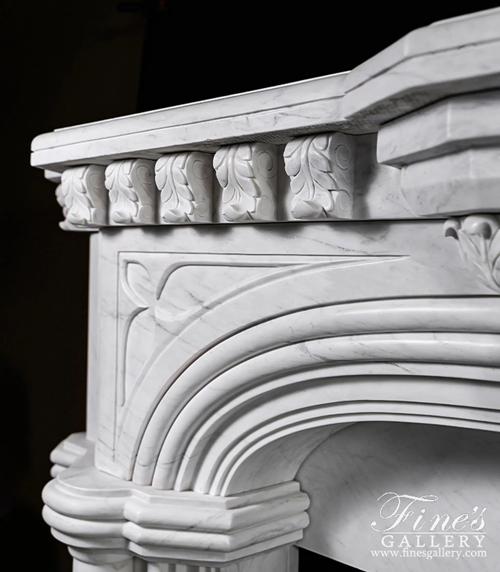 White Tudor Style Marble Fireplace Mantel — Model MFP-817 — detail view 10