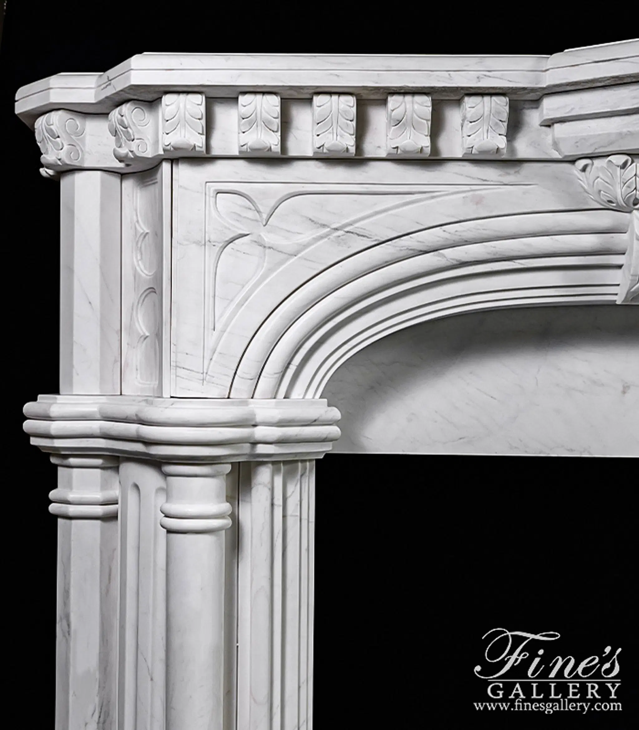 White Tudor Style Marble Fireplace Mantel — Model MFP-817 — detail view 11