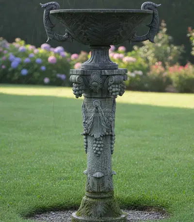Ornate Green Marble Planter with Grape & Leaf Design - Handcrafted Decorative Urn with Pedestal Base