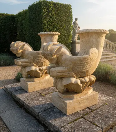 Mythical Ram Planter Pair - Hand Carved Travertine Garden Statues - Winged Ram Sculptures