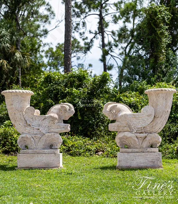 Mythical Ram Planter Pair in Classic Light Travertine
