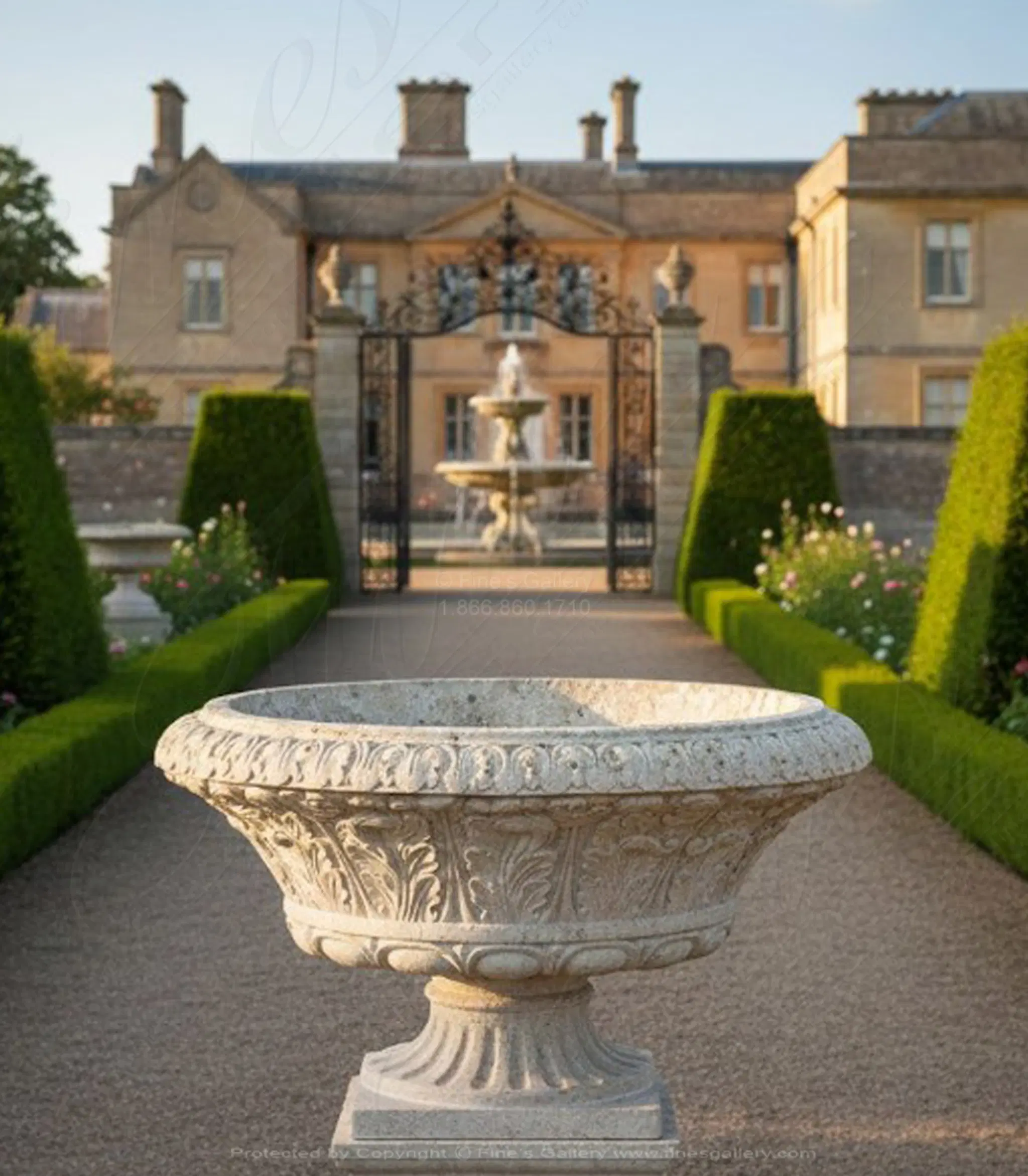 Oversized Traditional Acanthas Leaf Scrollwork Urn in Classic Light Travertine