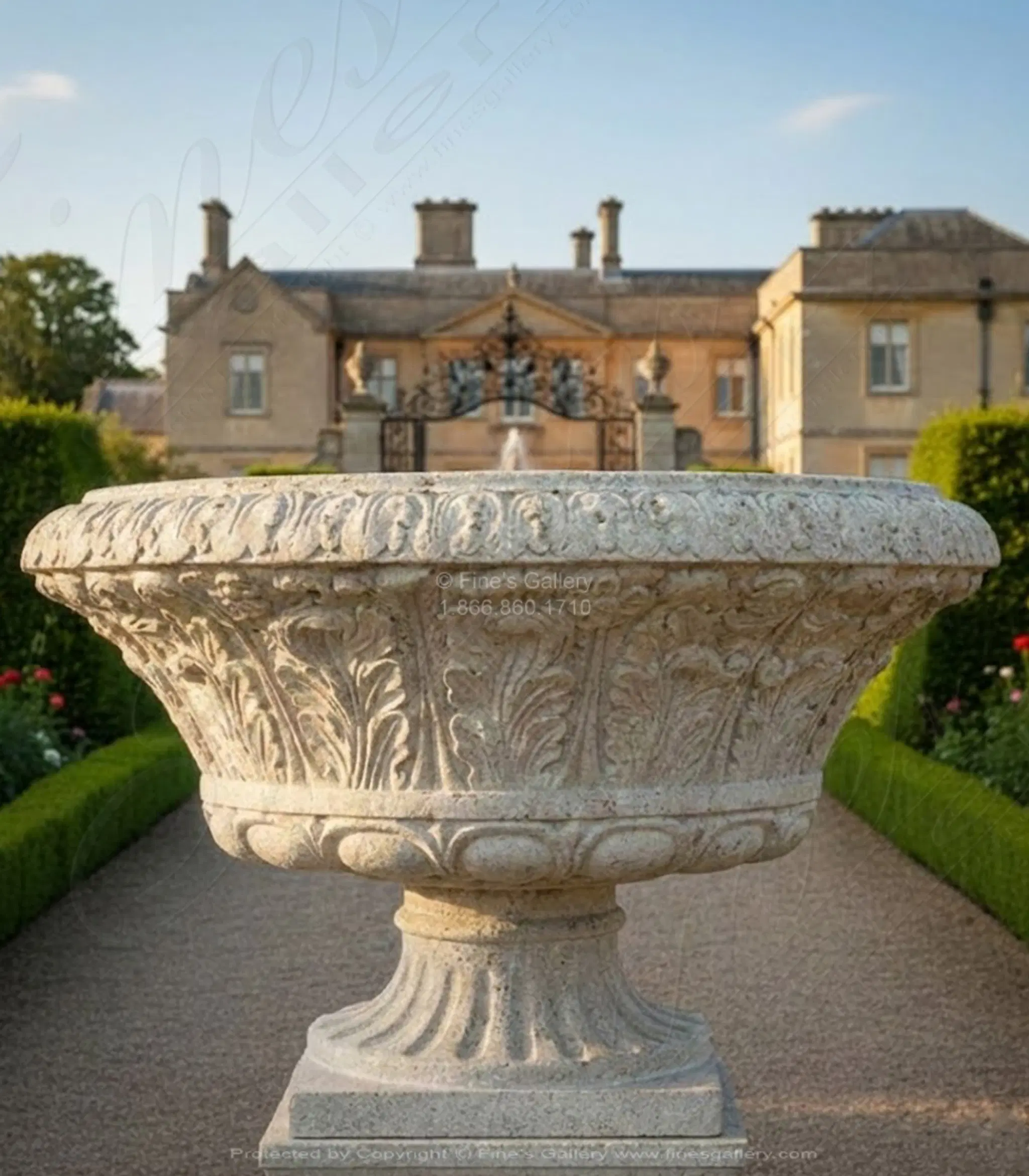 Oversized Traditional Acanthas Leaf Scrollwork Urn in Classic Light Travertine