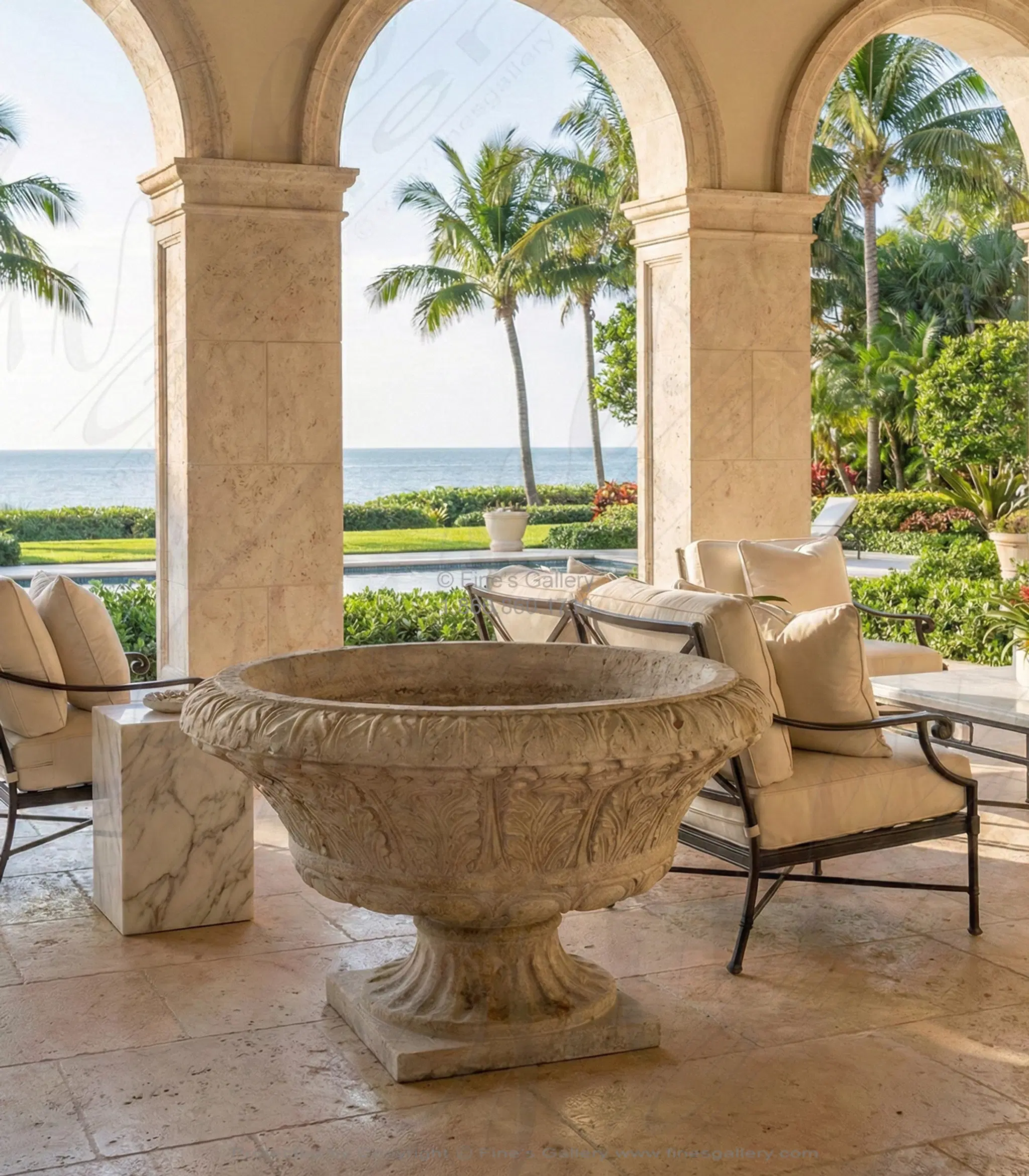 Oversized Traditional Acanthas Leaf Scrollwork Urn in Classic Light Travertine