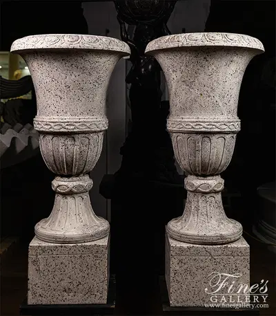 Kashmir White Granite Planter Pair - Traditional Outdoor Garden Planters - Solid Stone Decor