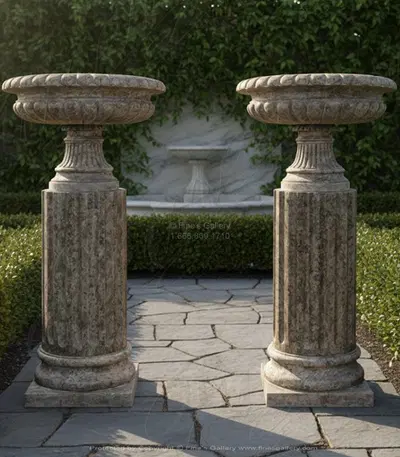 Italian Rosso Verona Marble Planters with Fluted Pedestals - Elegant Garden Decor