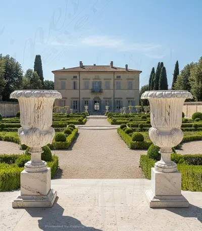 An Urn Pair in Italian Quarried Ivory Travertine