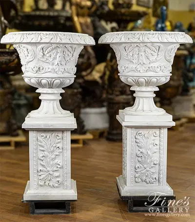 Ornate Marble Acanthus Scrollwork Planter Pair