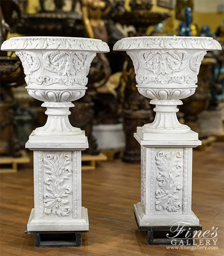 Ornate Marble Acanthus Scrollwork Planter Pair