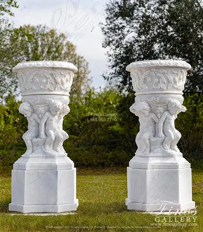 Luxurious Italian Marble Cherub Urn Pair