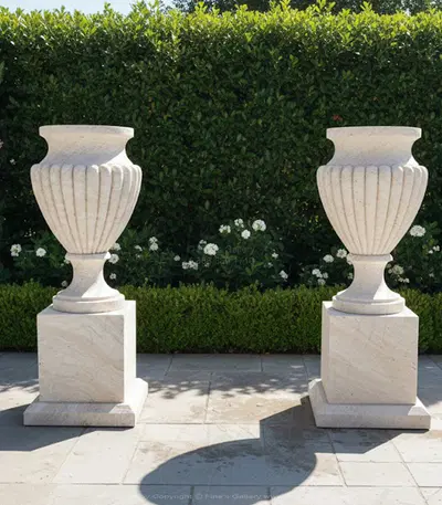 Exquisite Italian Ivory Travertine Planter Pair
