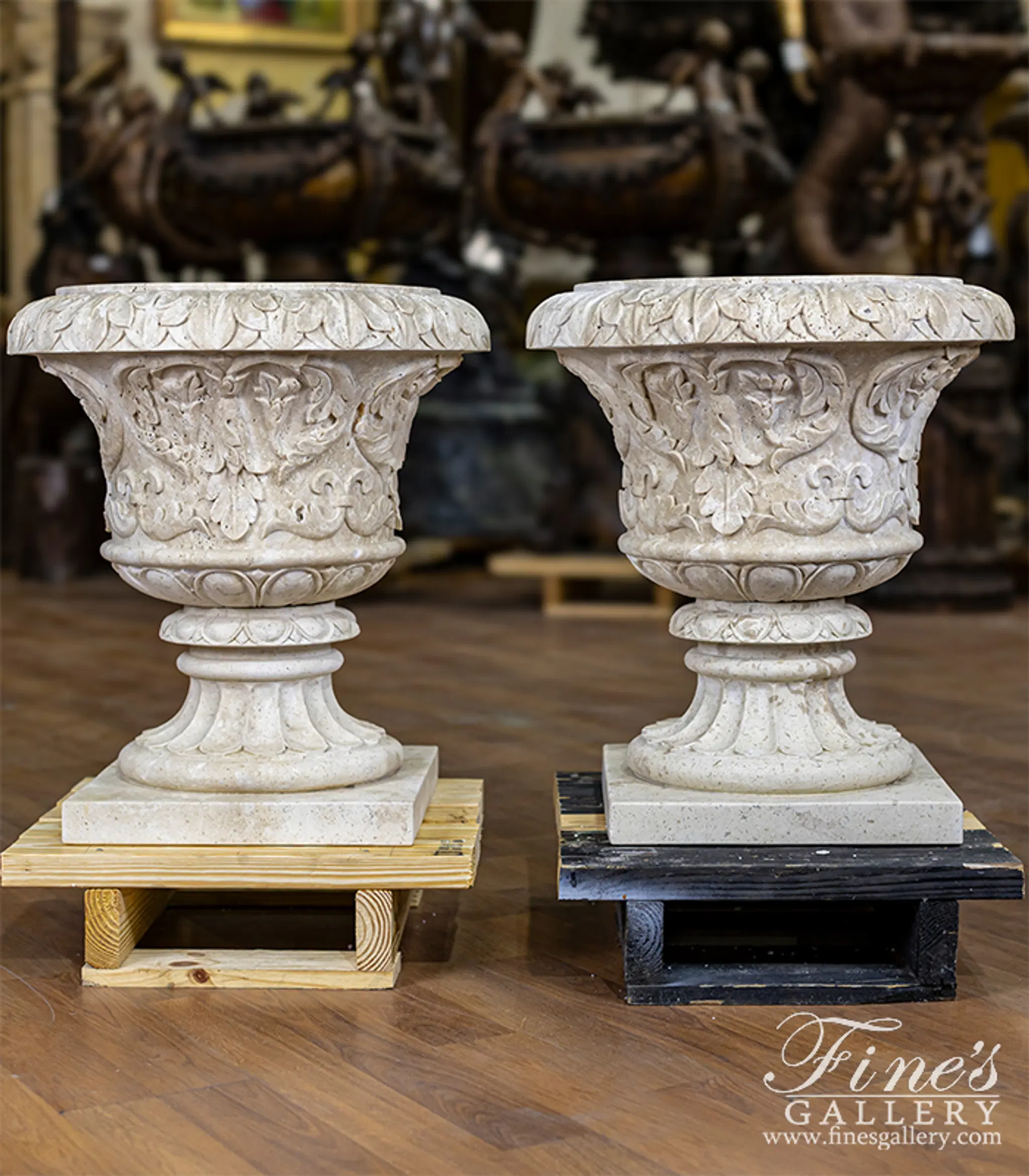 Classic Light Beige Travertine Marble Planter Pair — Model MP-520 — detail view 7