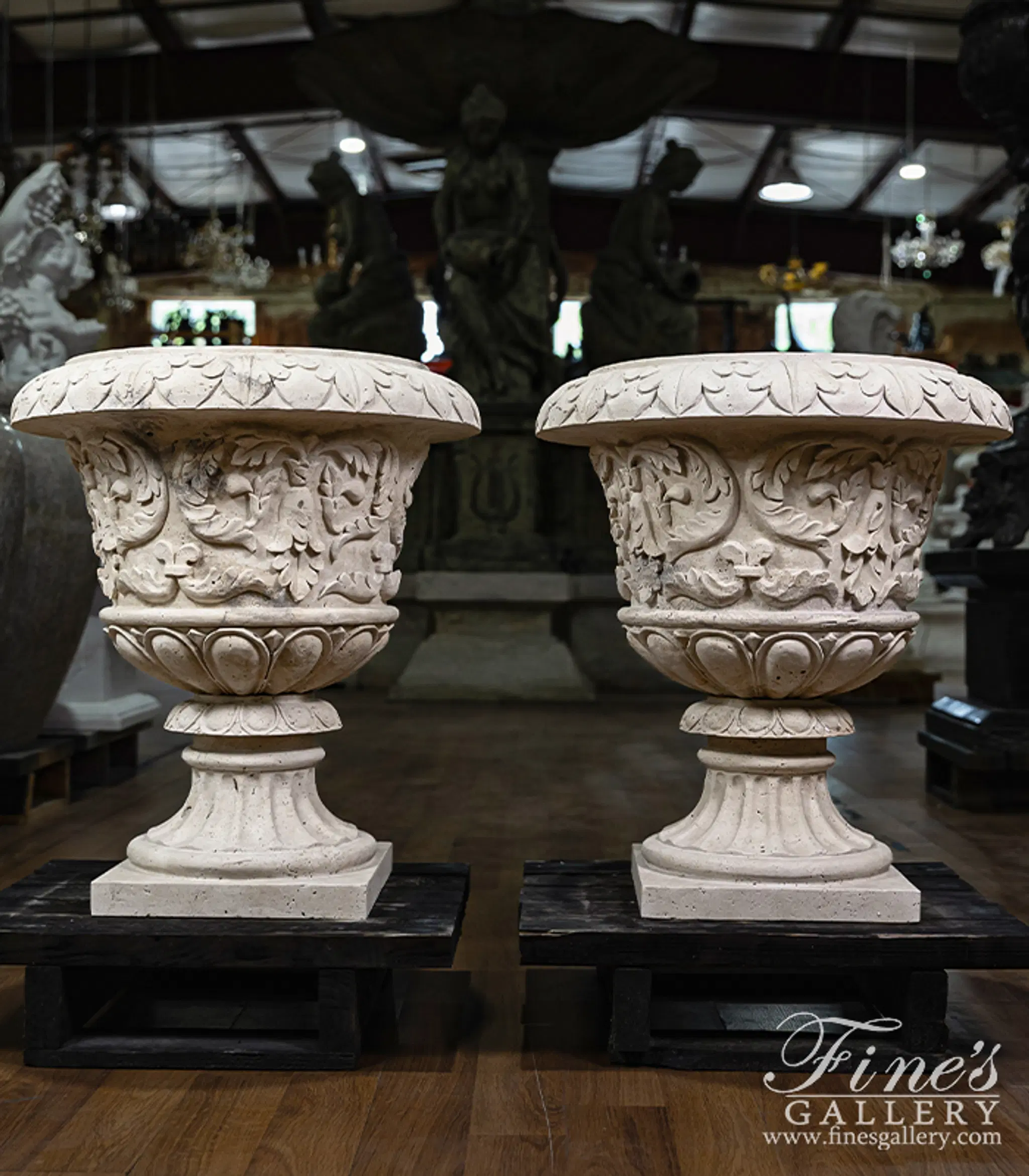 Classic Light Beige Travertine Marble Planter Pair — Model MP-520 — detail view 1