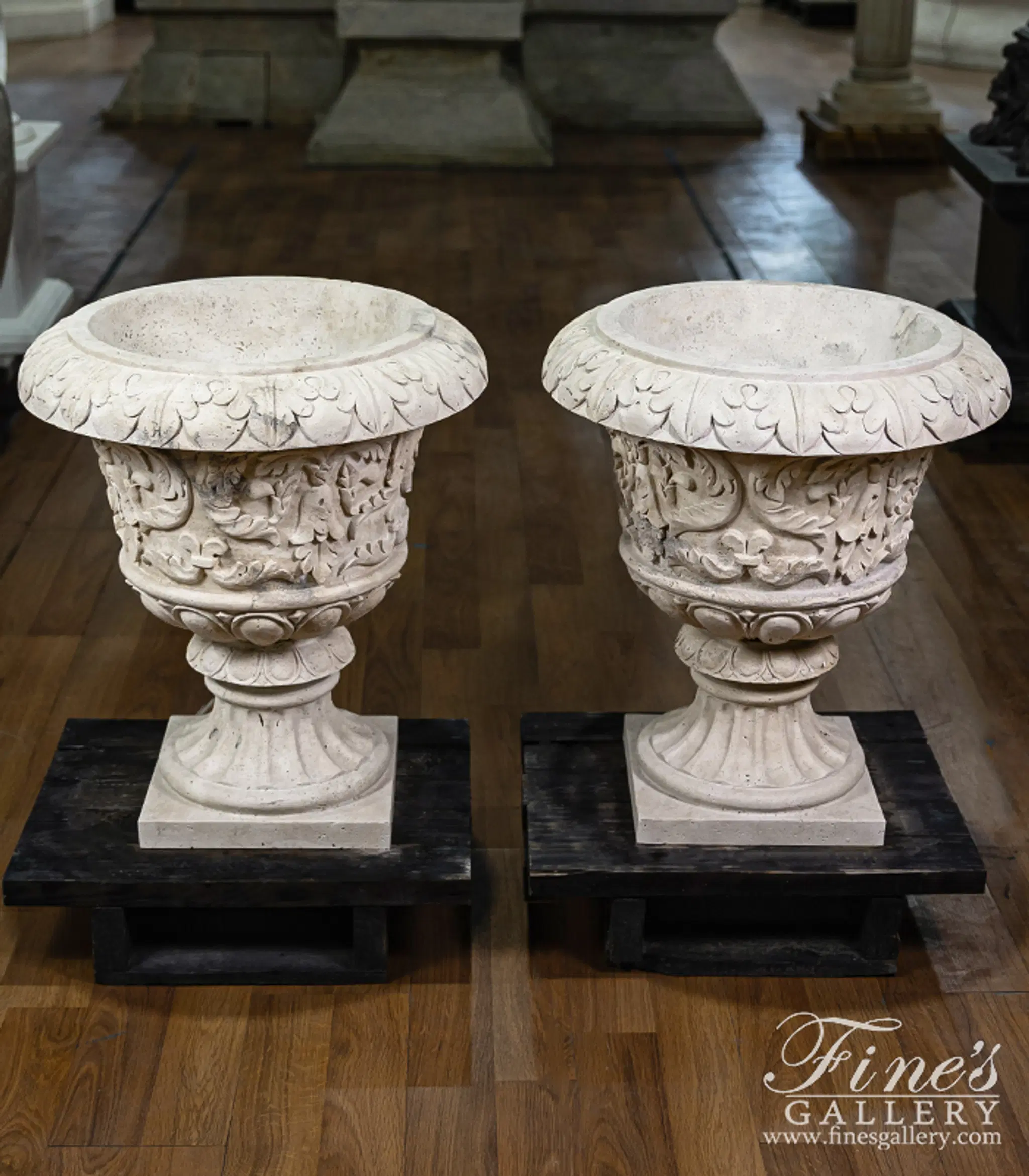Classic Light Beige Travertine Marble Planter Pair — Model MP-520 — detail view 2
