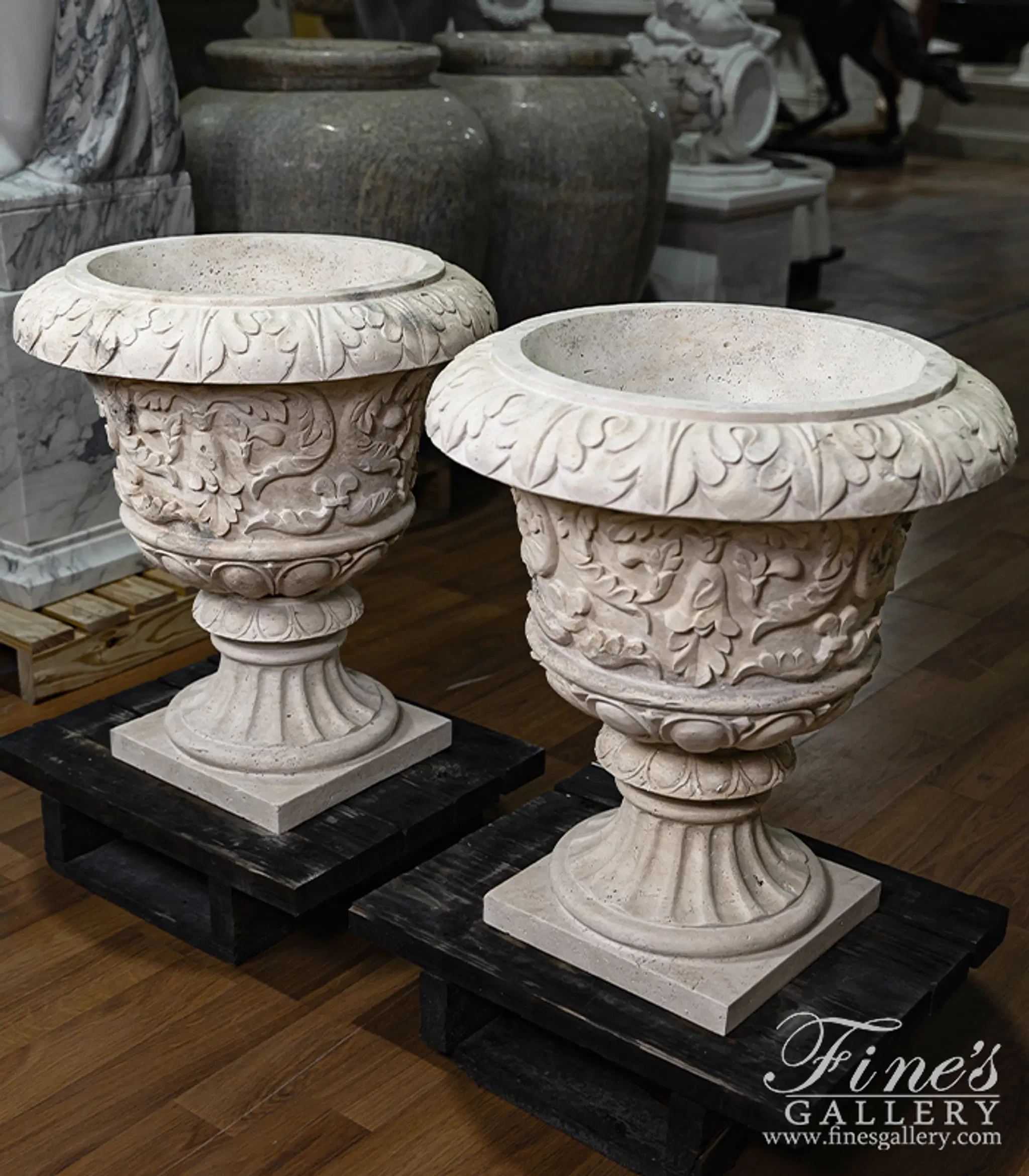 Classic Light Beige Travertine Marble Planter Pair — Model MP-520 — detail view 4