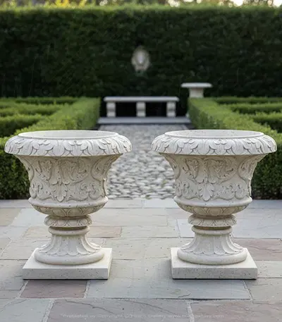 Classic Light Beige Travertine Marble Planter Pair