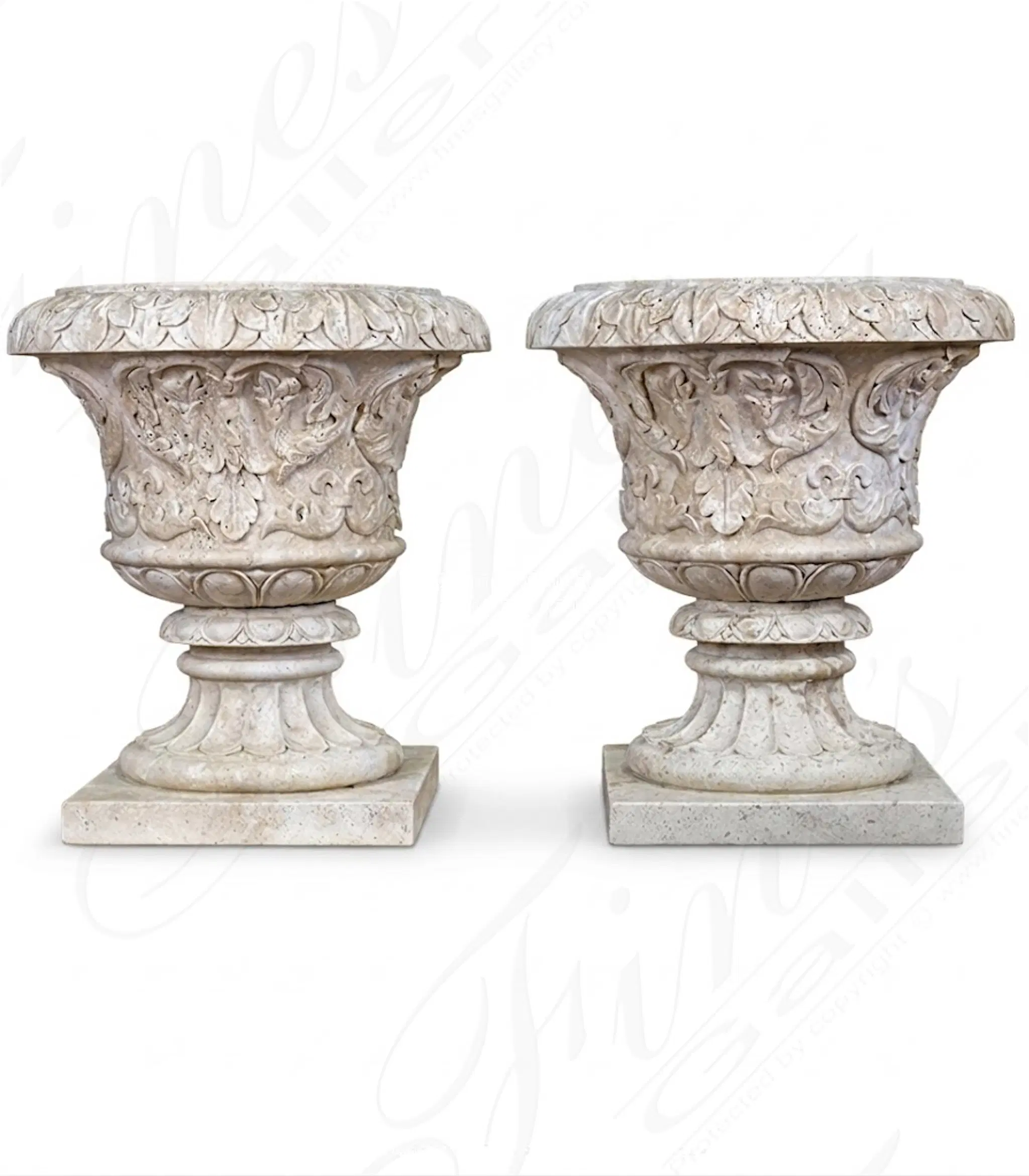 Classic Light Beige Travertine Marble Planter Pair — Model MP-520 — Hand-Crafted by Fine's Gallery