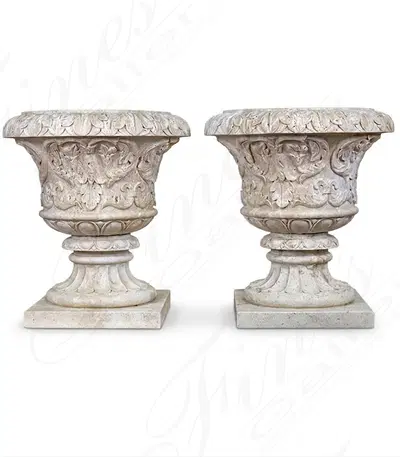 Classic Light Beige Travertine Marble Planter Pair