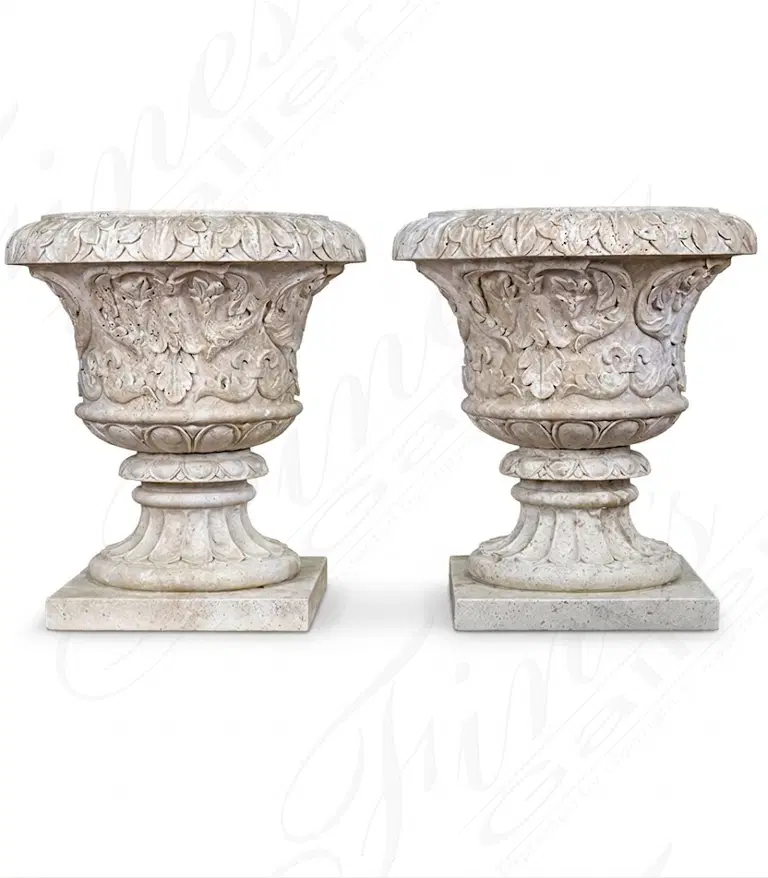 Classic Light Beige Travertine Marble Planter Pair