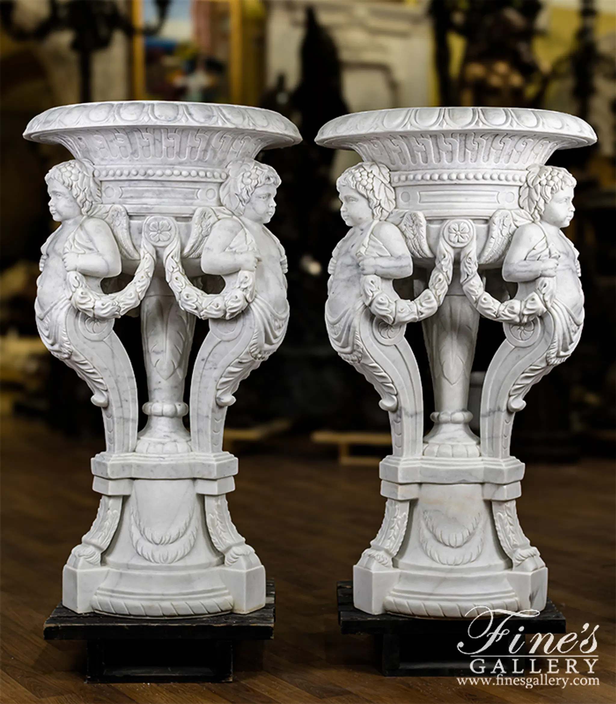 Statuary White Marble Cherub Themed Planter Pair