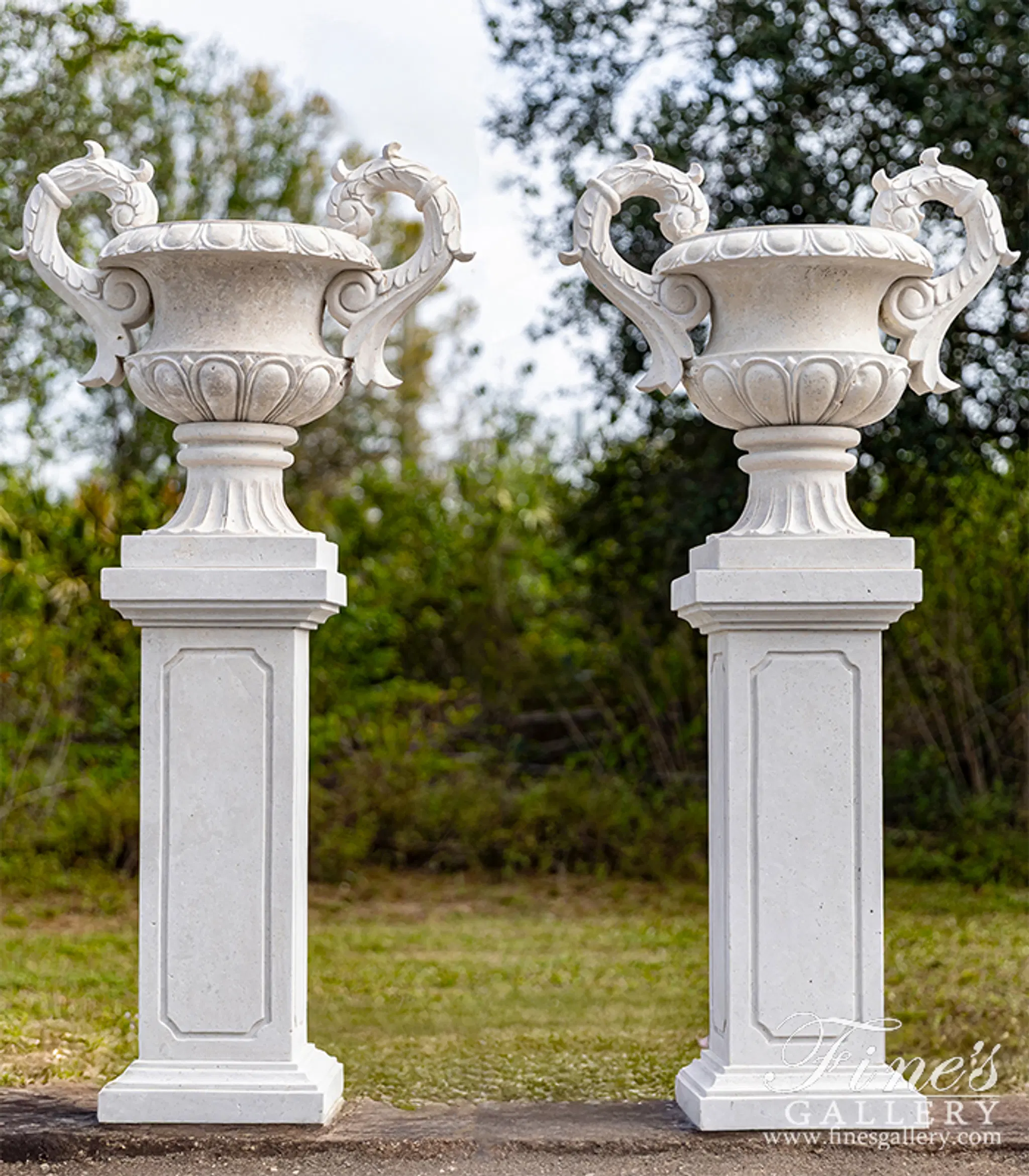 Light Travertine Planter Pair with Pedestals — Model MP-529 — Hand-Crafted by Fine's Gallery