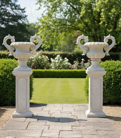 Light Travertine Planter Pair with Pedestals