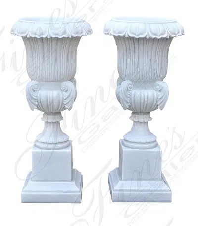 Finely Carved Marble Planter Pair in Statuary White Marble
