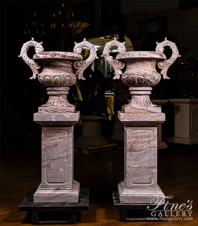 Exotic Urns and Pedestals in Arabascato Orobico Rosso Marble