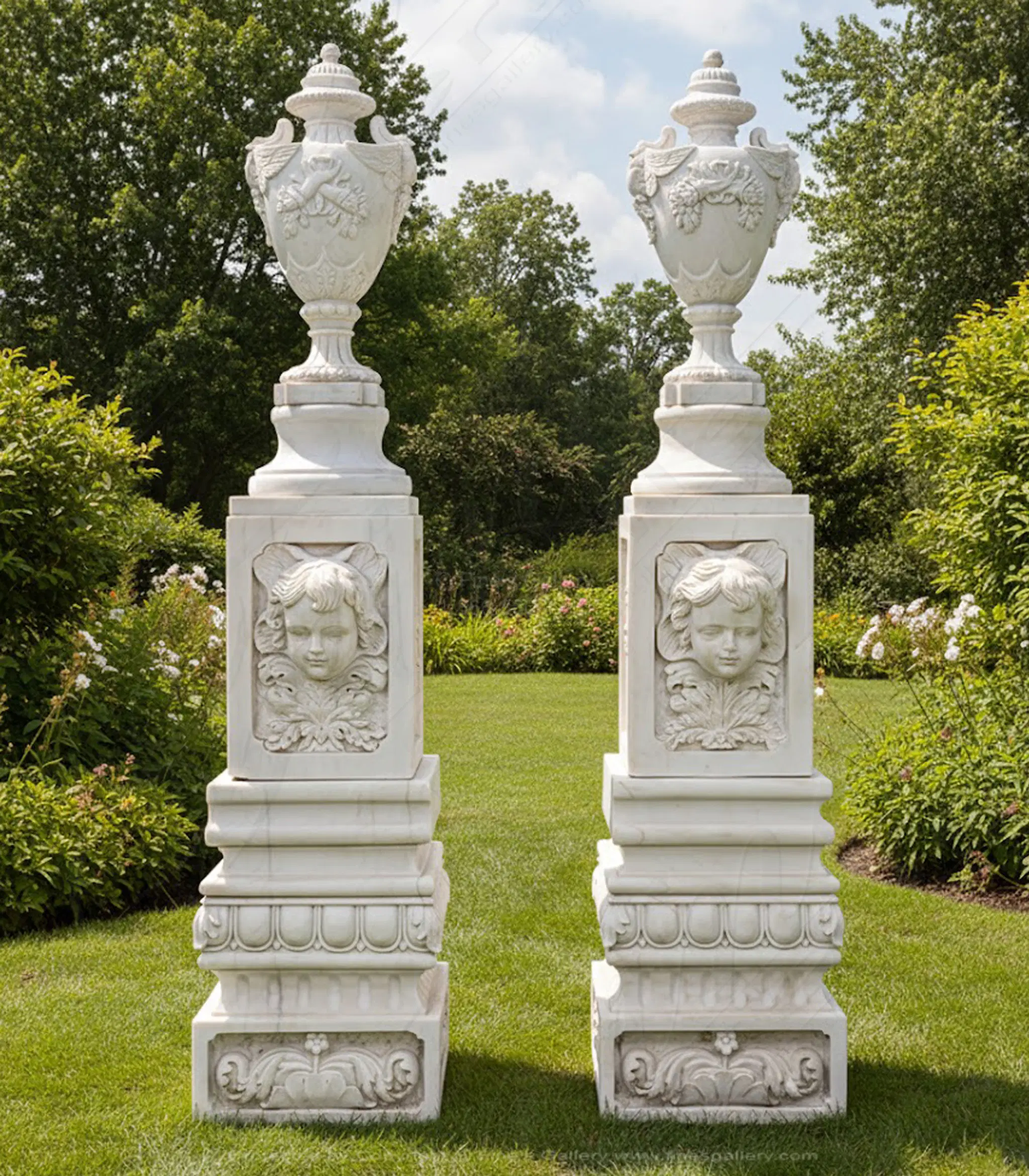 Rare Vintage, Highly Ornate Urn and Pedestal Pair in Statuary Marble