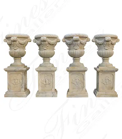 Set of 4 Bespoke Highly Ornate Floral Garland Urns in Antique White Marble