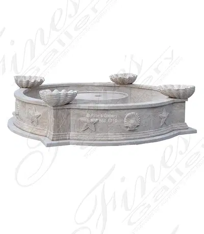 Ocean Themed Light Travertine Pool Basin with Shell Motif Water Features