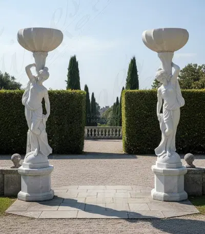 Marble Female Statues with Urns - 9ft Tall Pure White Statuary Marble Sculptures with Pedestals