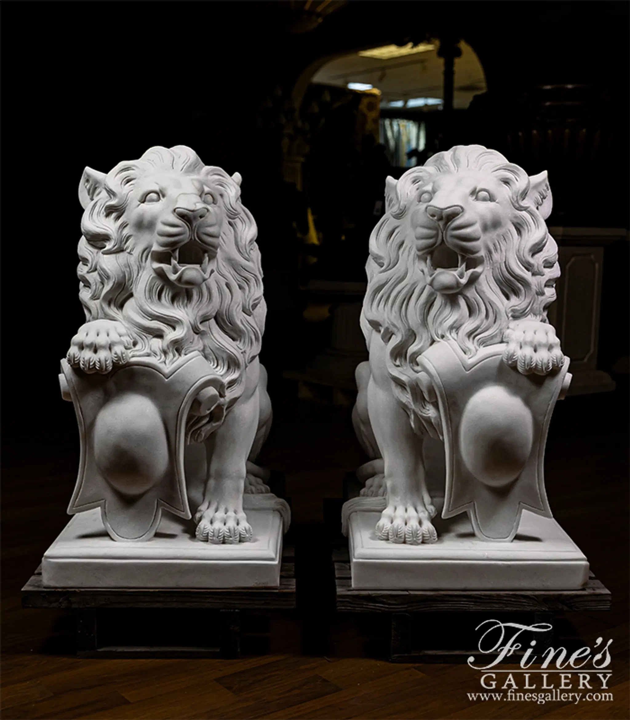 Museum Quality Marble Lion Pair in Statuary Marble — Model MS-1249 — Hand-Crafted by Fine's Gallery