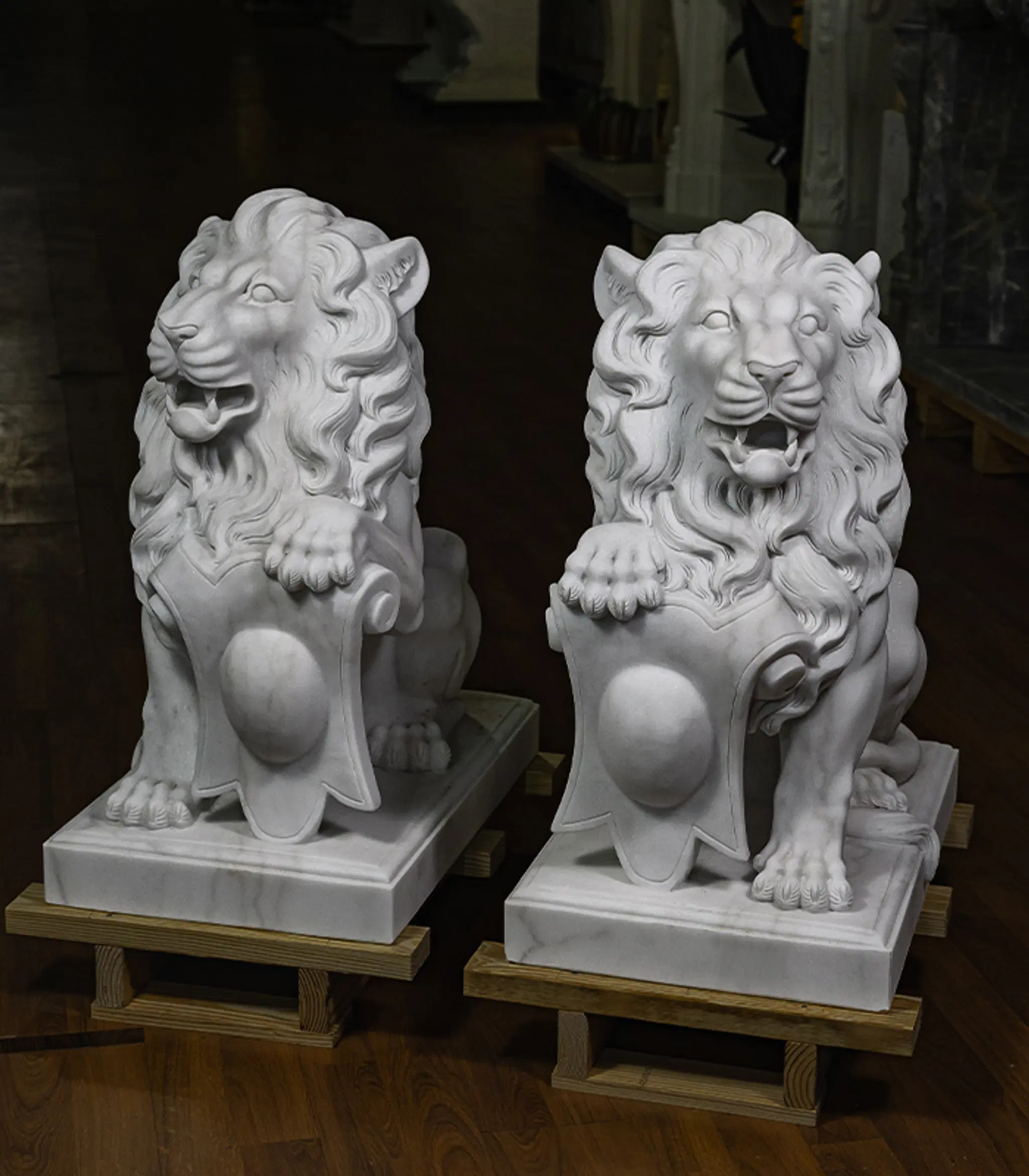 Museum Quality Marble Lion Pair in Statuary Marble — Model MS-1249 — Hand-Crafted by Fine's Gallery