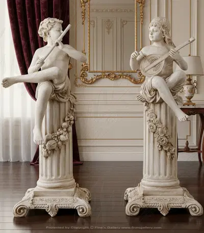 Cast Marble Child Flutist and Mandolin Player Pair