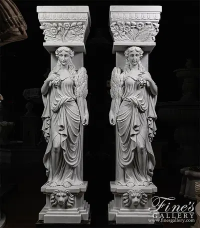 Grecian Statuary Caryatid Column Pair - Hand-Carved White Marble Statues for Interior & Exterior Decor