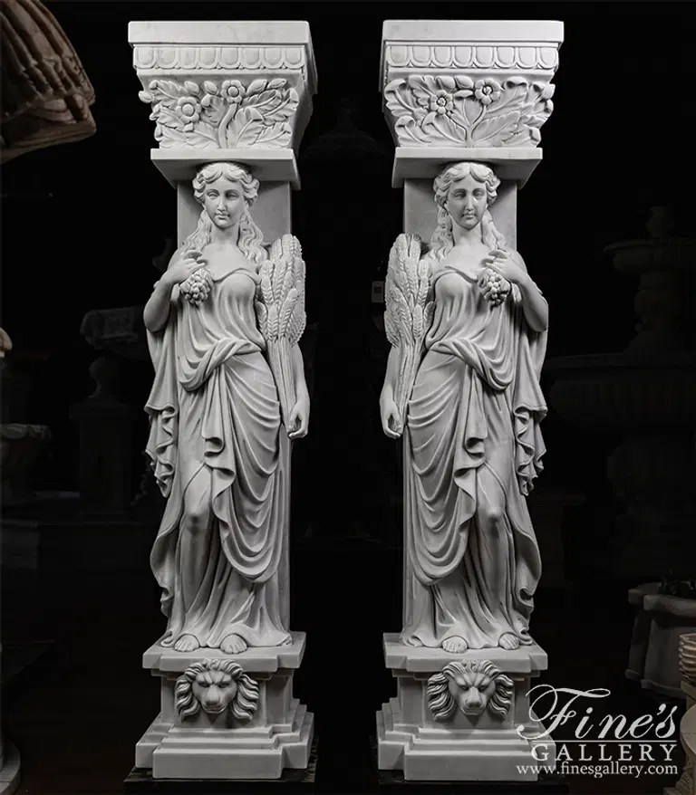 Grecian Statuary Caryatid Column Pair - Hand-Carved White Marble Statues for Interior & Exterior Decor