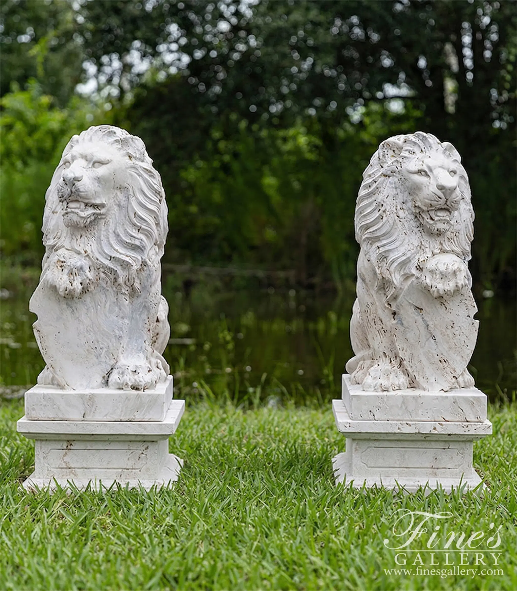 Lion Statue Pair in Hand Carved Italian Ivory Travertine