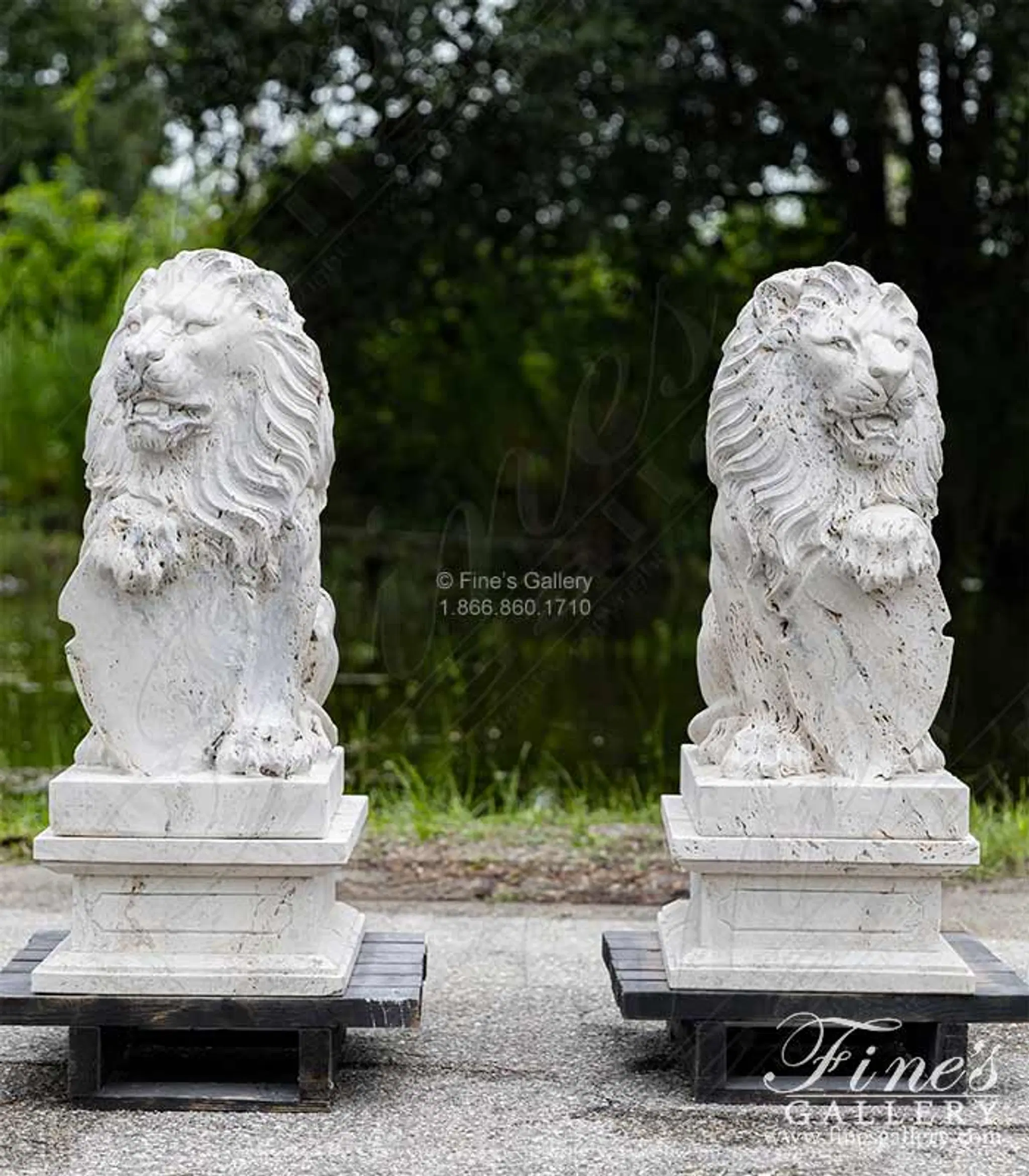 Lion Pair in Hand Carved Italian Ivory Travertine