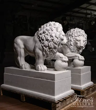Marble Lion Pair In Italian "Perlino"