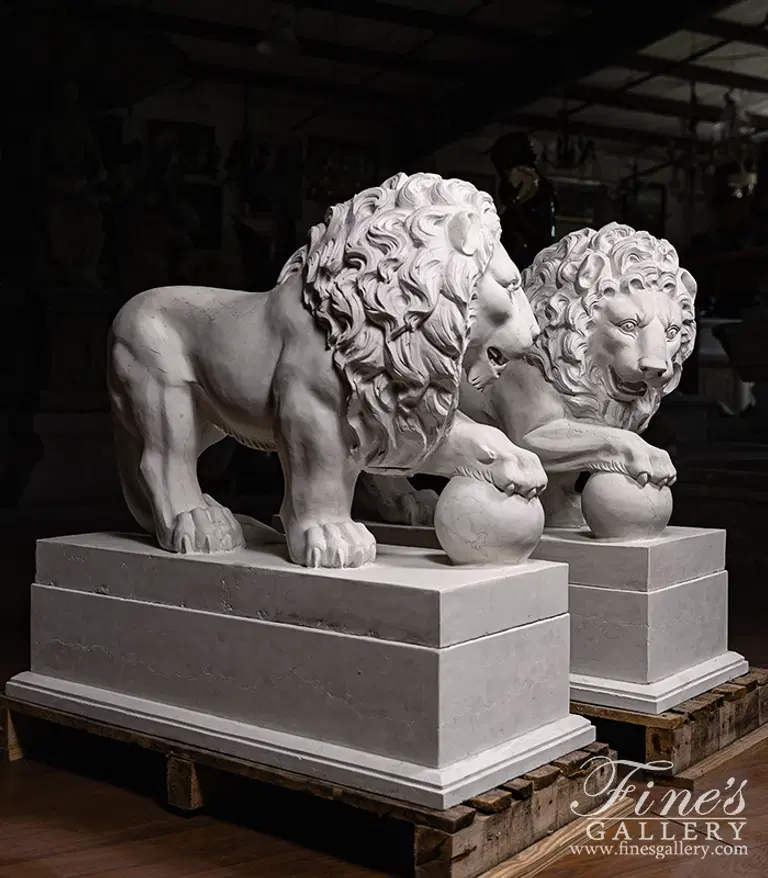 Marble Lion Pair In Italian "Perlino"