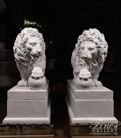 Marble Lion Pair In Italian "Perlino"