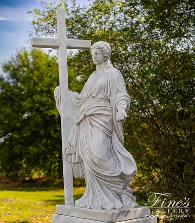 Saint Helena Marble Statue - 103" Religious Christian Sculpture with Cross - Indoor/Outdoor Church Decor